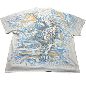 Liquid Blue T Shirt Mens 3XL White Tiger Graphic All Over Front Streetwear Fade